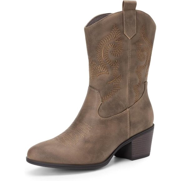 Dream Pairs Shoes - Dream Pairs Women's Camel Mid Calf Cowgirl Boots With Embroidery Round Toe